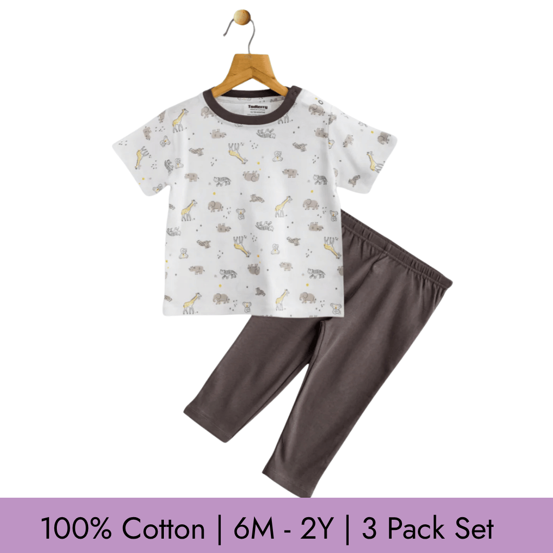 Todlerry Unisex Pajama set | Set of 3 | Soft & Breathable | 100% Cotton