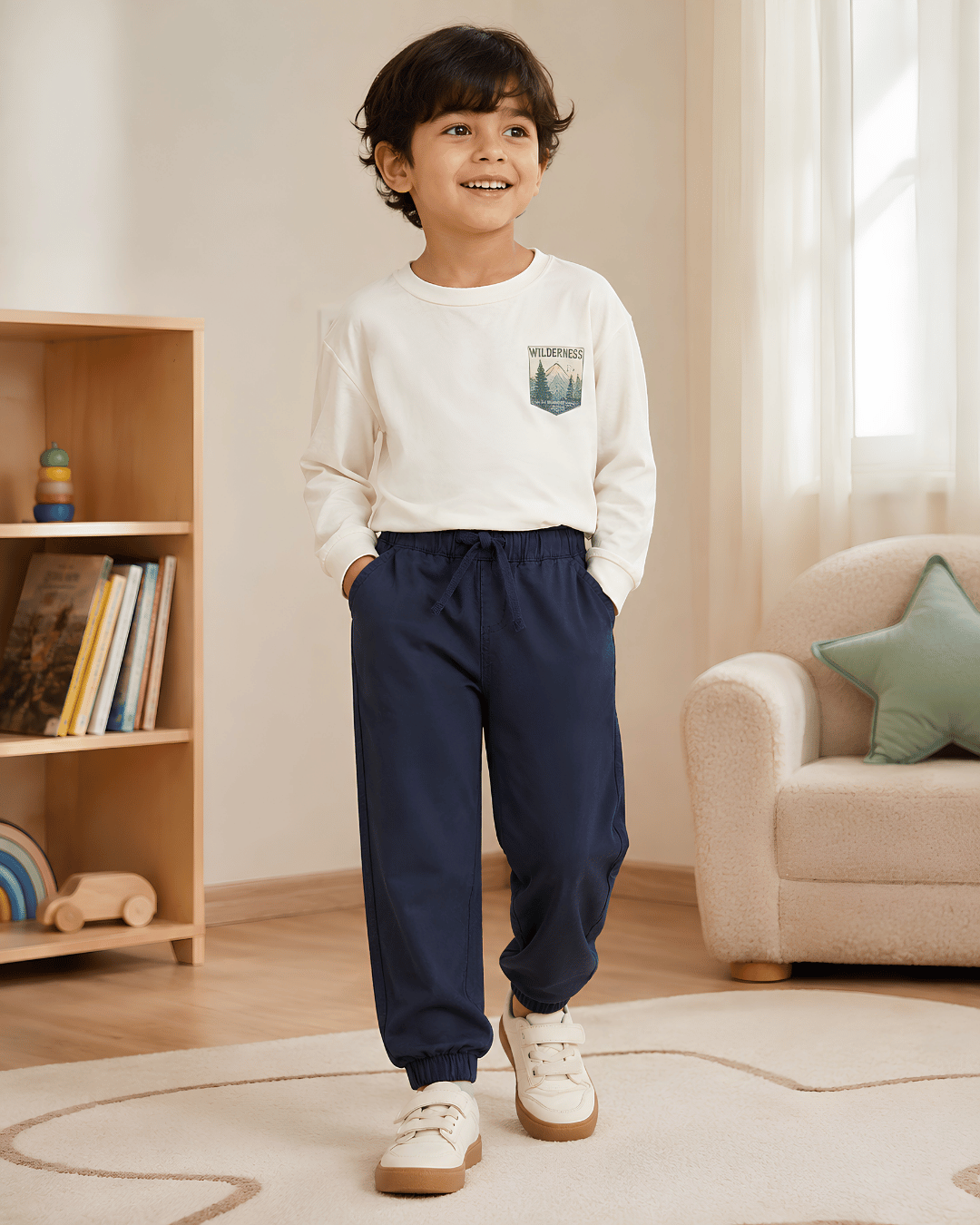 Kids Navy Blue Pull-On Cotton Pants | Boys Jogger Style Chinos