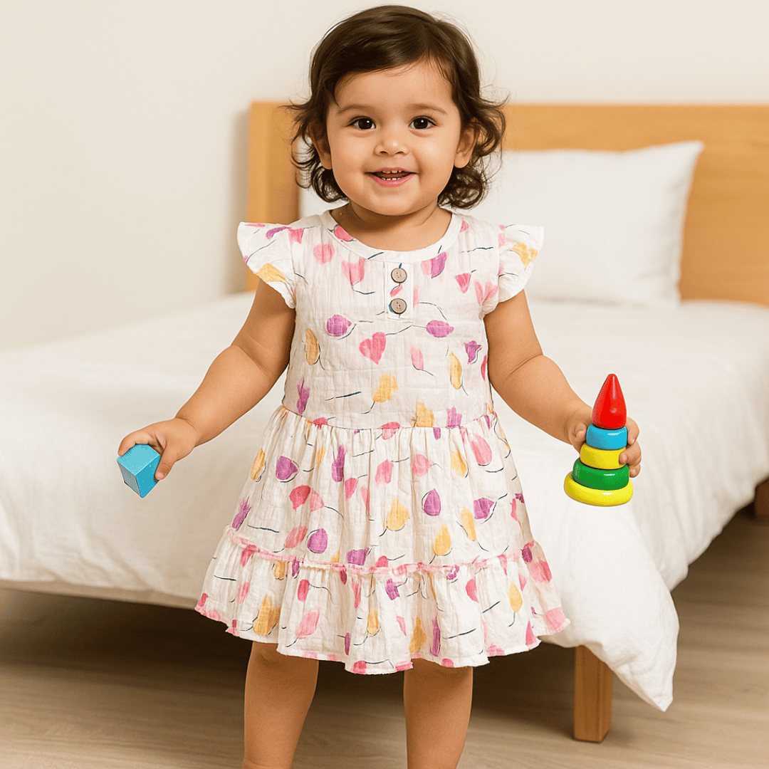 Todlerry Sleeveless Girls Frock | Green & Pink Floral Print | 100% Cotton