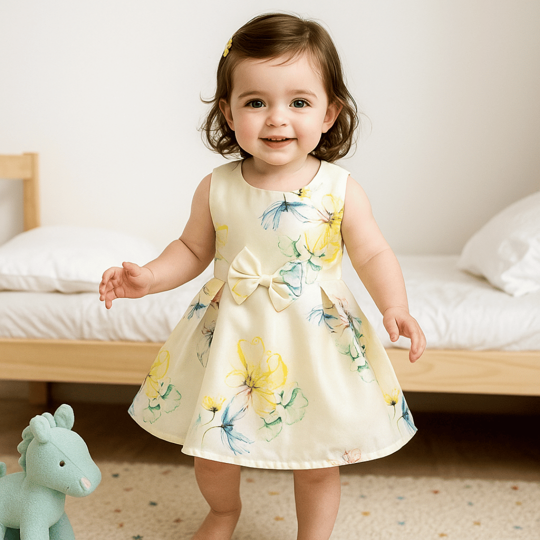 Todlerry Sleeveless Frock with bow | Floral Yellow Print| 100% Cotton
