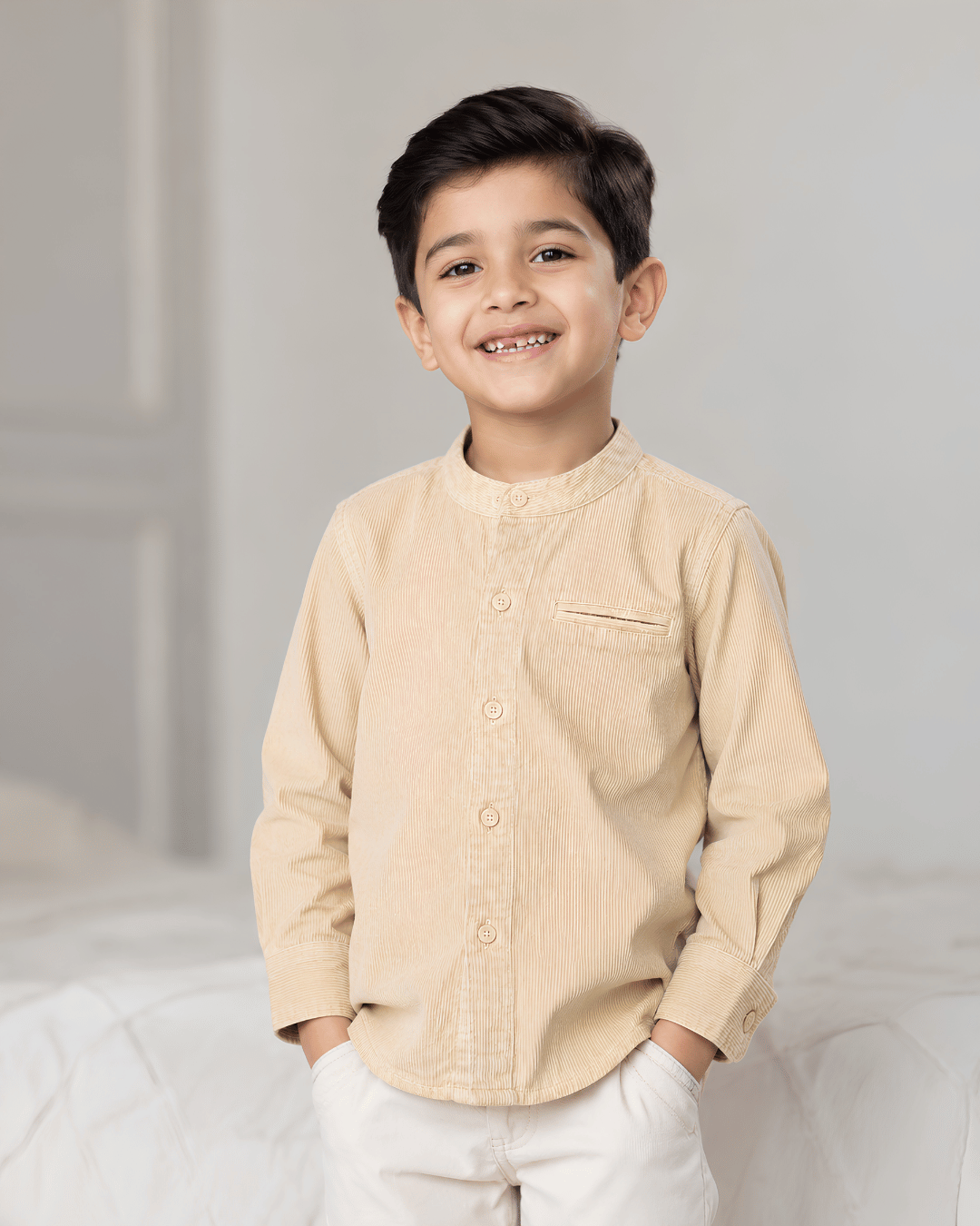 Boys Full Sleeve Beige Corduroy Shirt