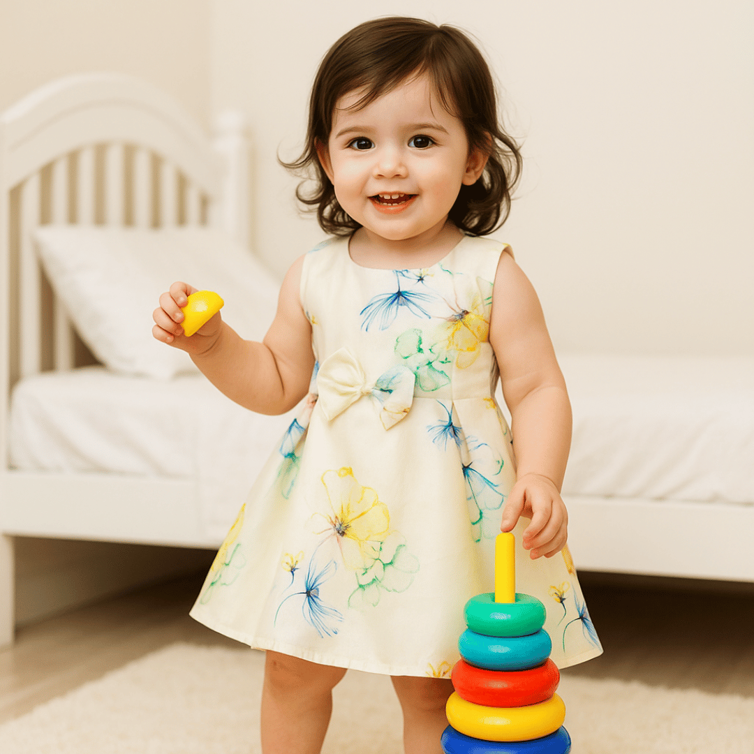 Todlerry Sleeveless Frock with bow | Floral Yellow Print| 100% Cotton