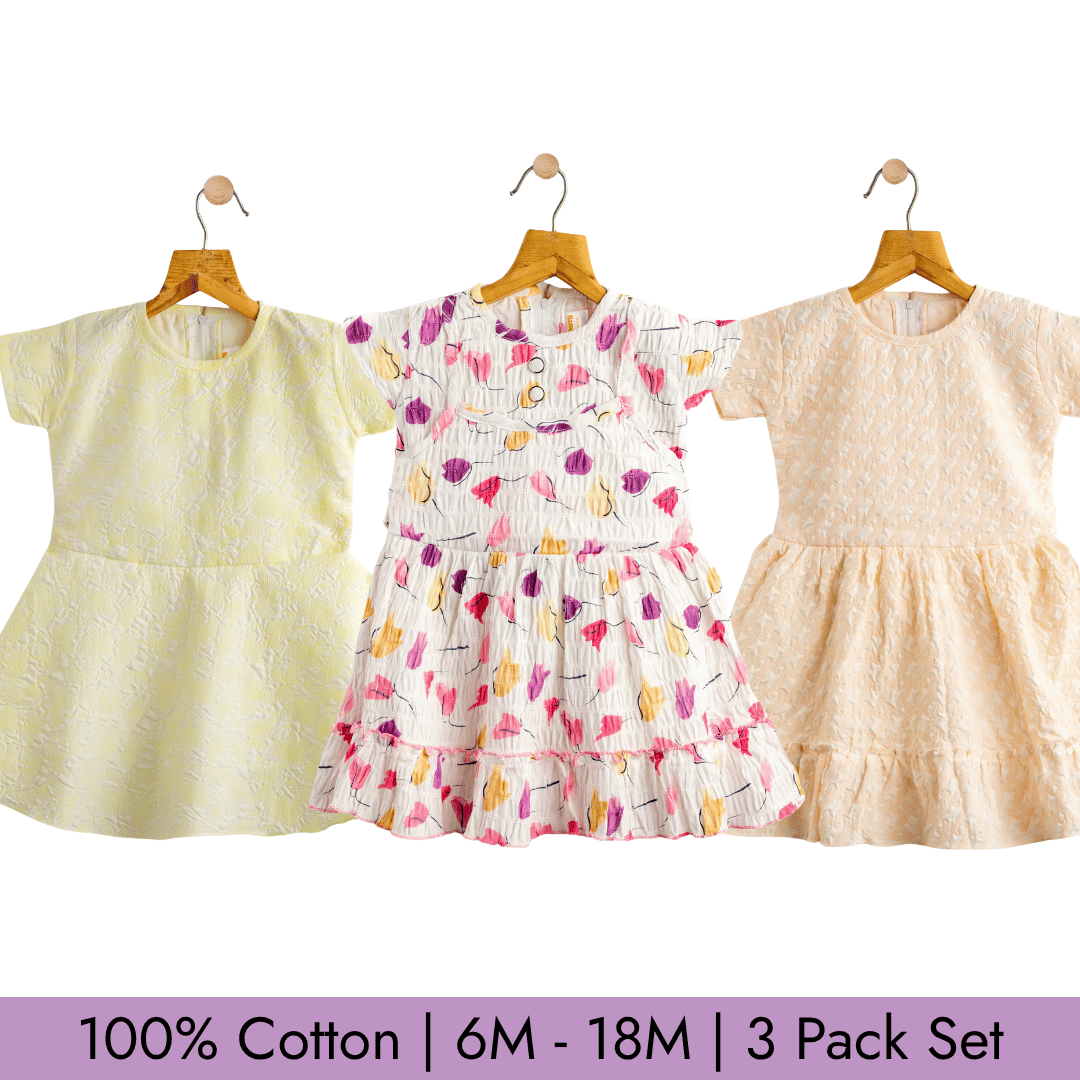 Todlerry Girls Frock | Pack of 3 |Soft & Breathable | 100% Cotton