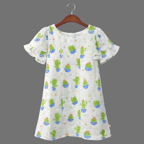 Cactus Print Cute Butterfly Sleeve Cotton Frock for Girls
