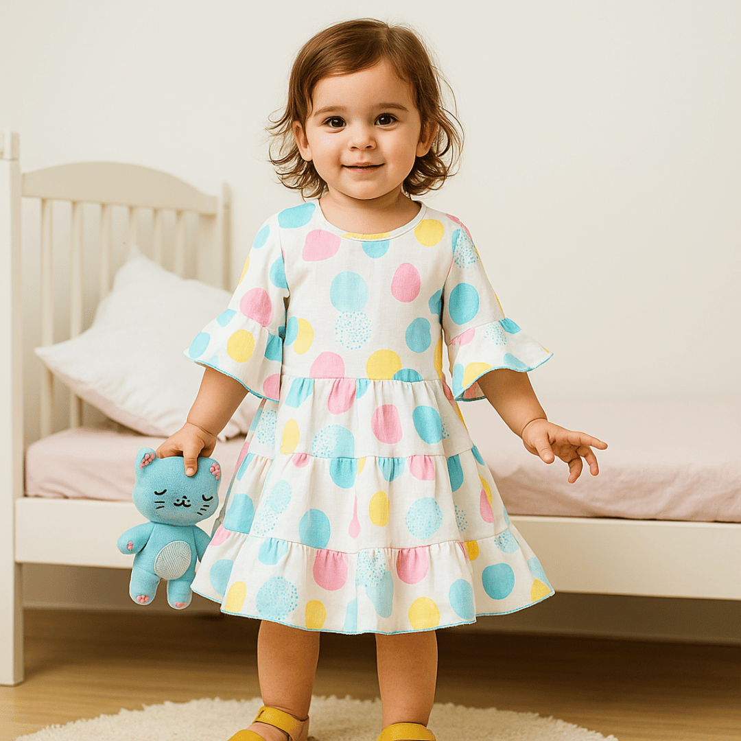 Todlery Full-sleeve Girls Frock | Polka print | 100% Cotton