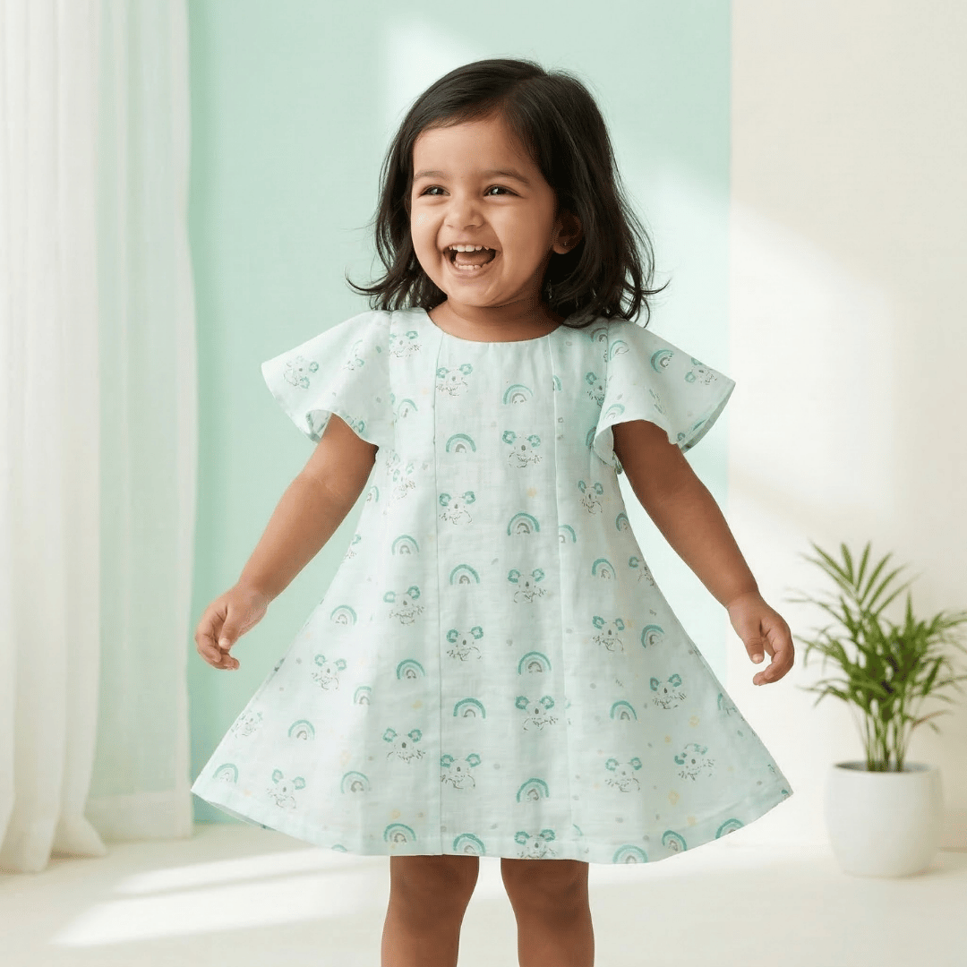 Koala Print Cute Butterfly Sleeve Cotton Frock for Girls