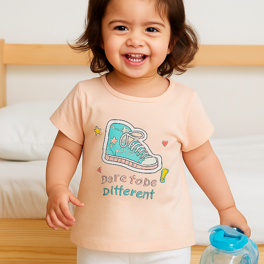 Girls Cotton T-Shirt Peach Shoe Print Soft & Breathable 100% Cotton