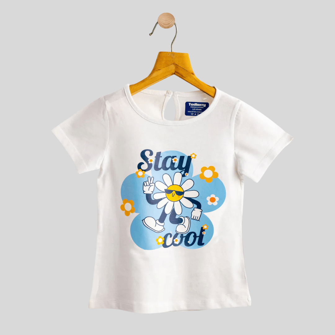 Todlerry Girls Cotton T-Shirt | White Stay Cool Print | Soft & Breathable | 100% Cotton