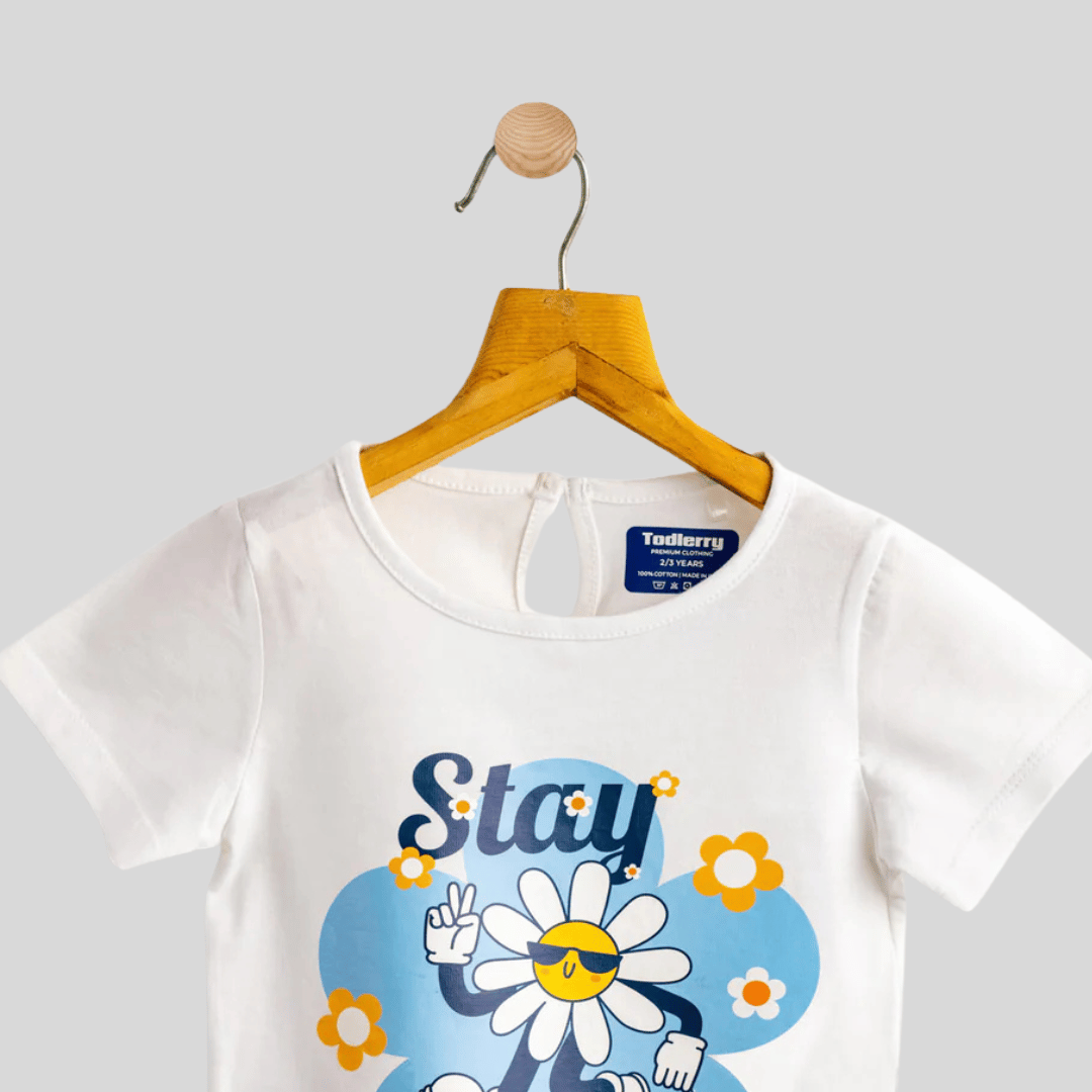 Todlerry Girls Cotton T-Shirt | White Stay Cool Print | Soft & Breathable | 100% Cotton