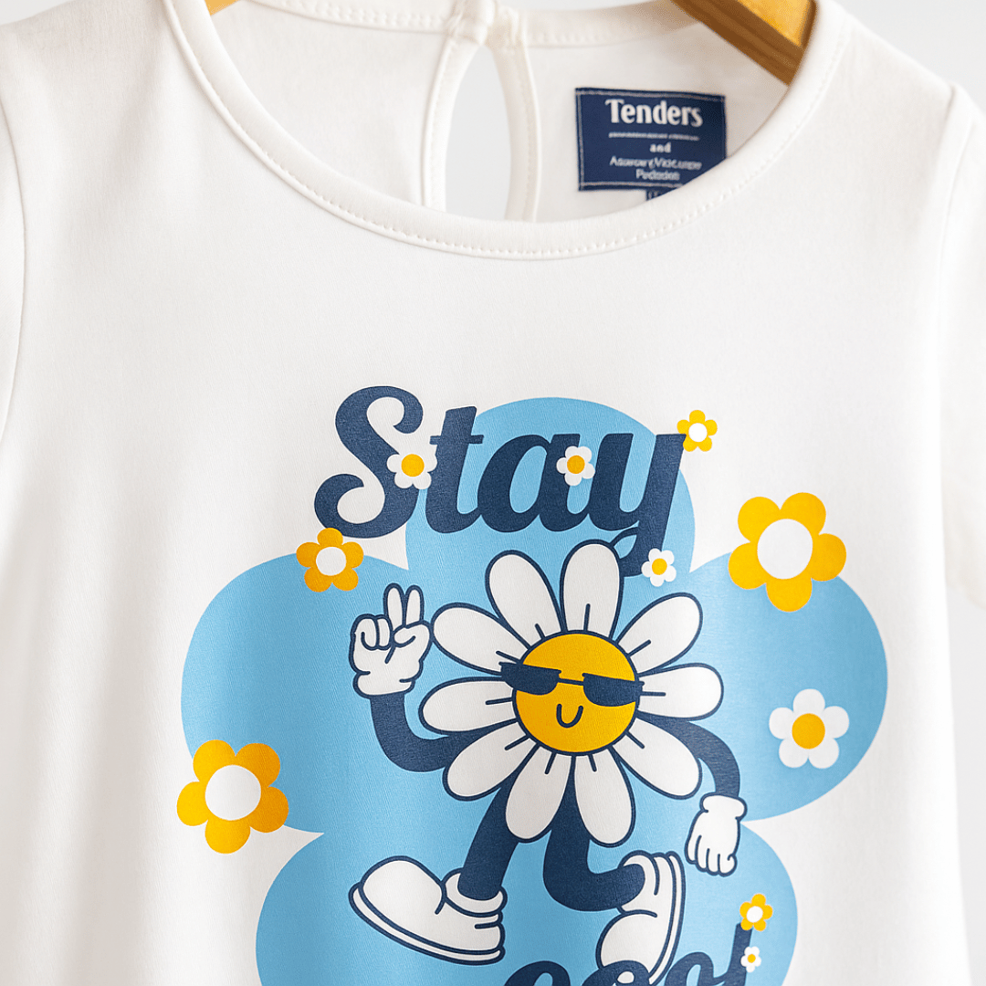 Todlerry Girls Cotton T-Shirt | White Stay Cool Print | Soft & Breathable | 100% Cotton