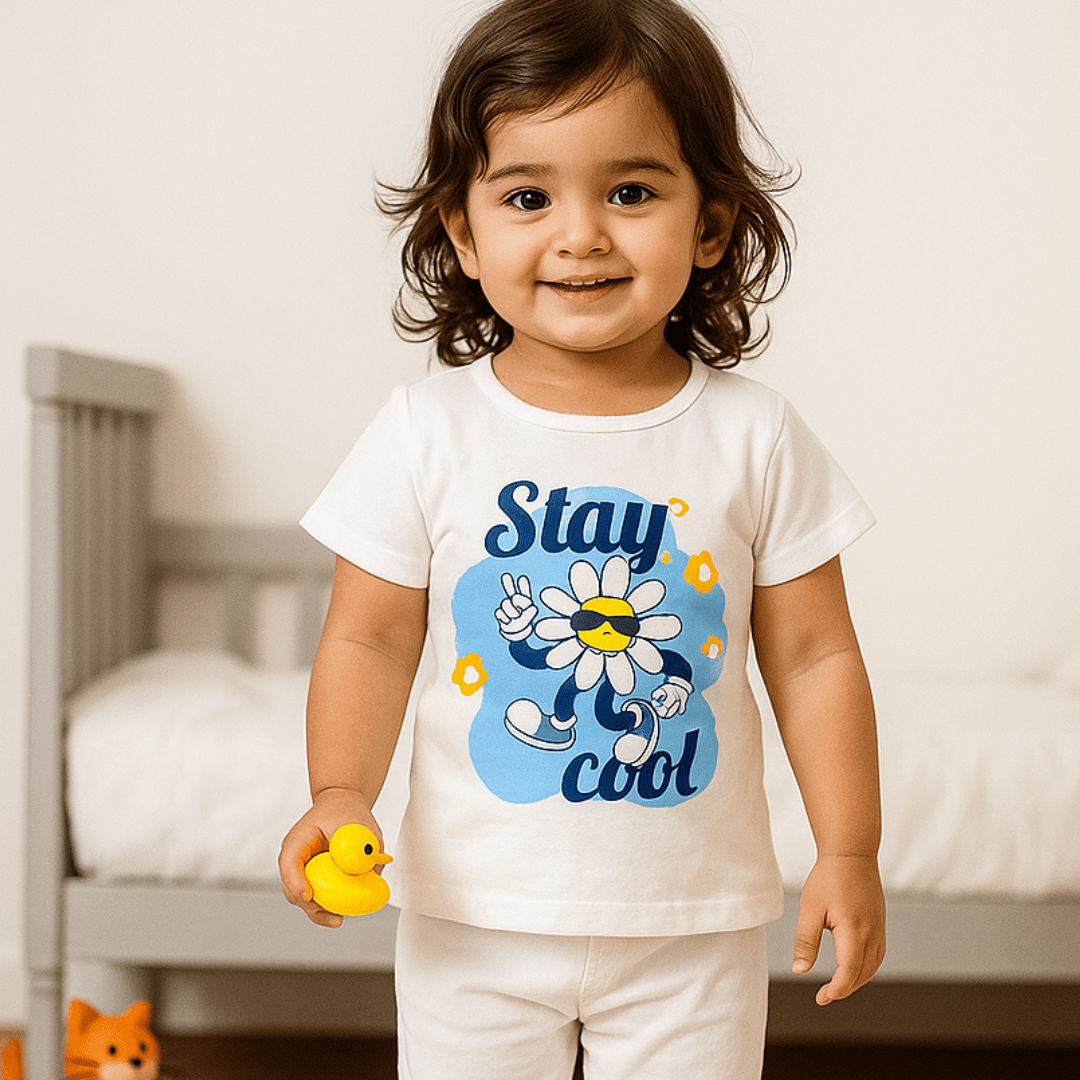 Todlerry Girls Cotton T-Shirt | White Stay Cool Print | Soft & Breathable | 100% Cotton
