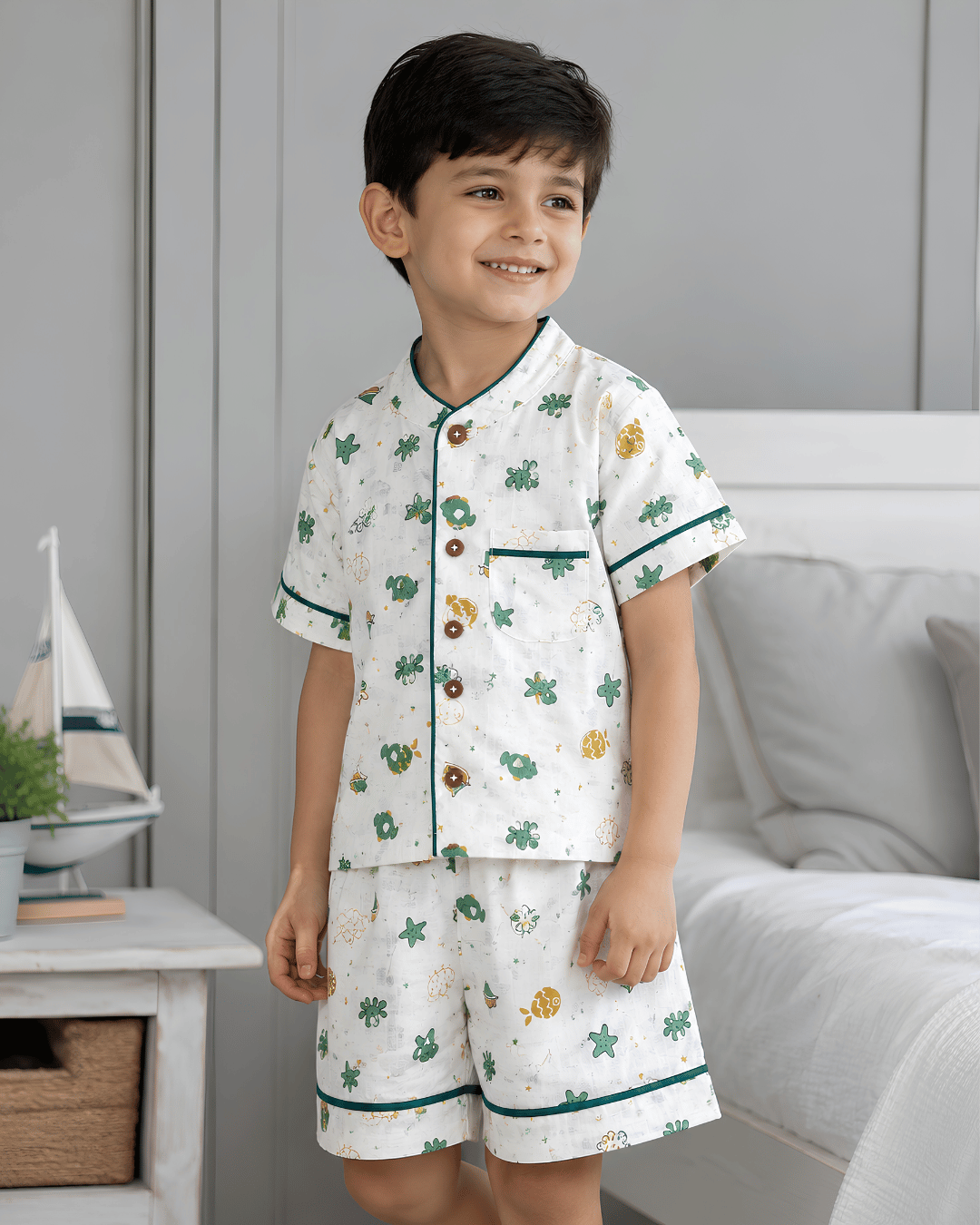 Todlerry Kids Cotton Night Suit | Fish Print Shirt & Shorts Set