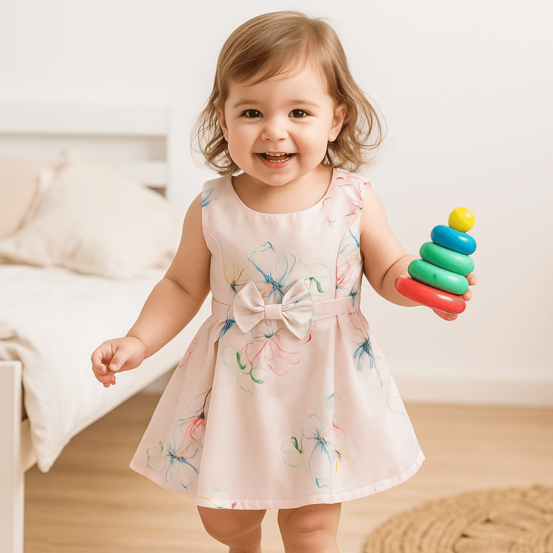 Todlerry Sleeveless Frock with bow | Floral Pink Print | 100% Cotton