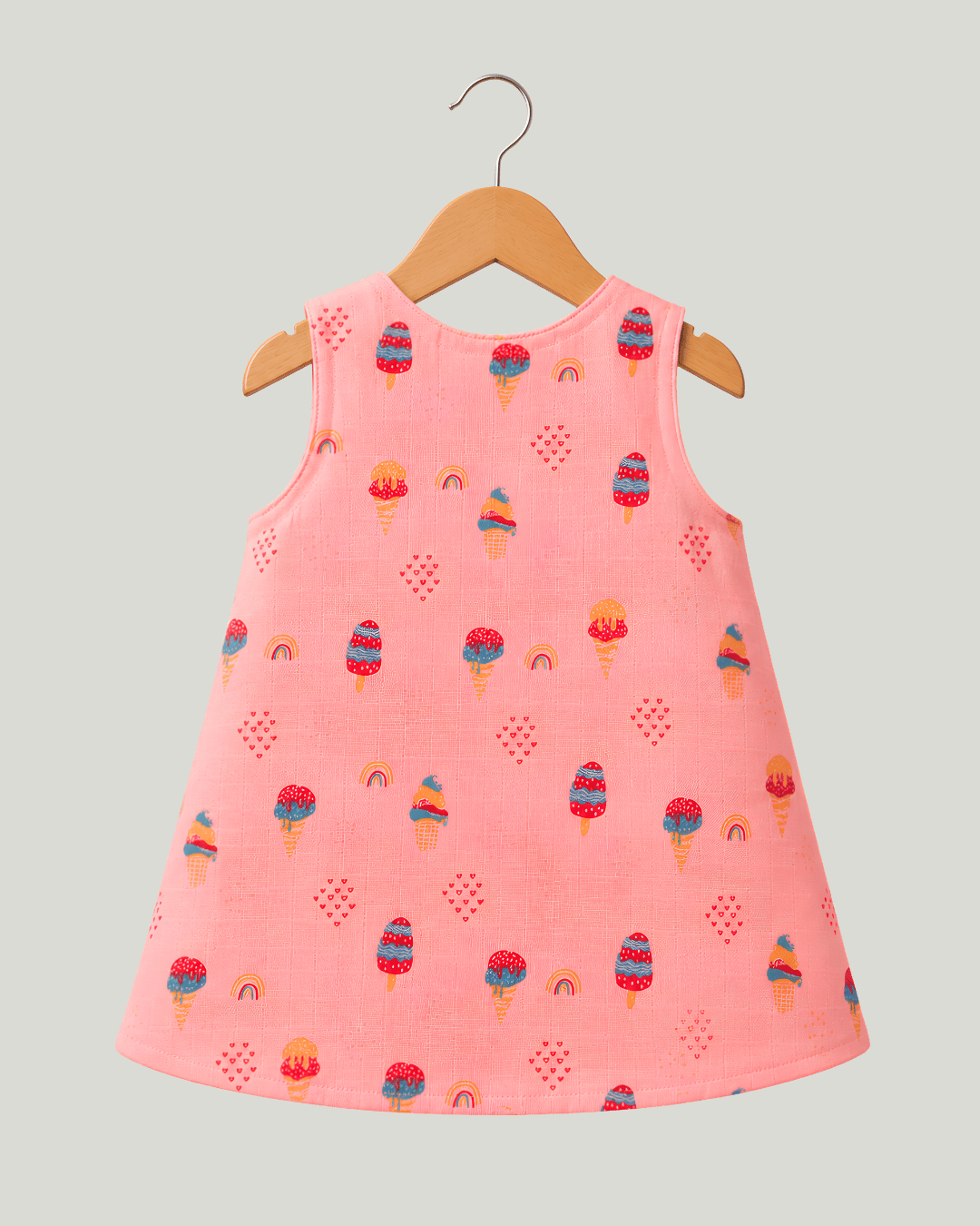 Todlerry Baby Girl Pink Ice Cream Print Cotton A-Line Dress with Shoulder Buttons