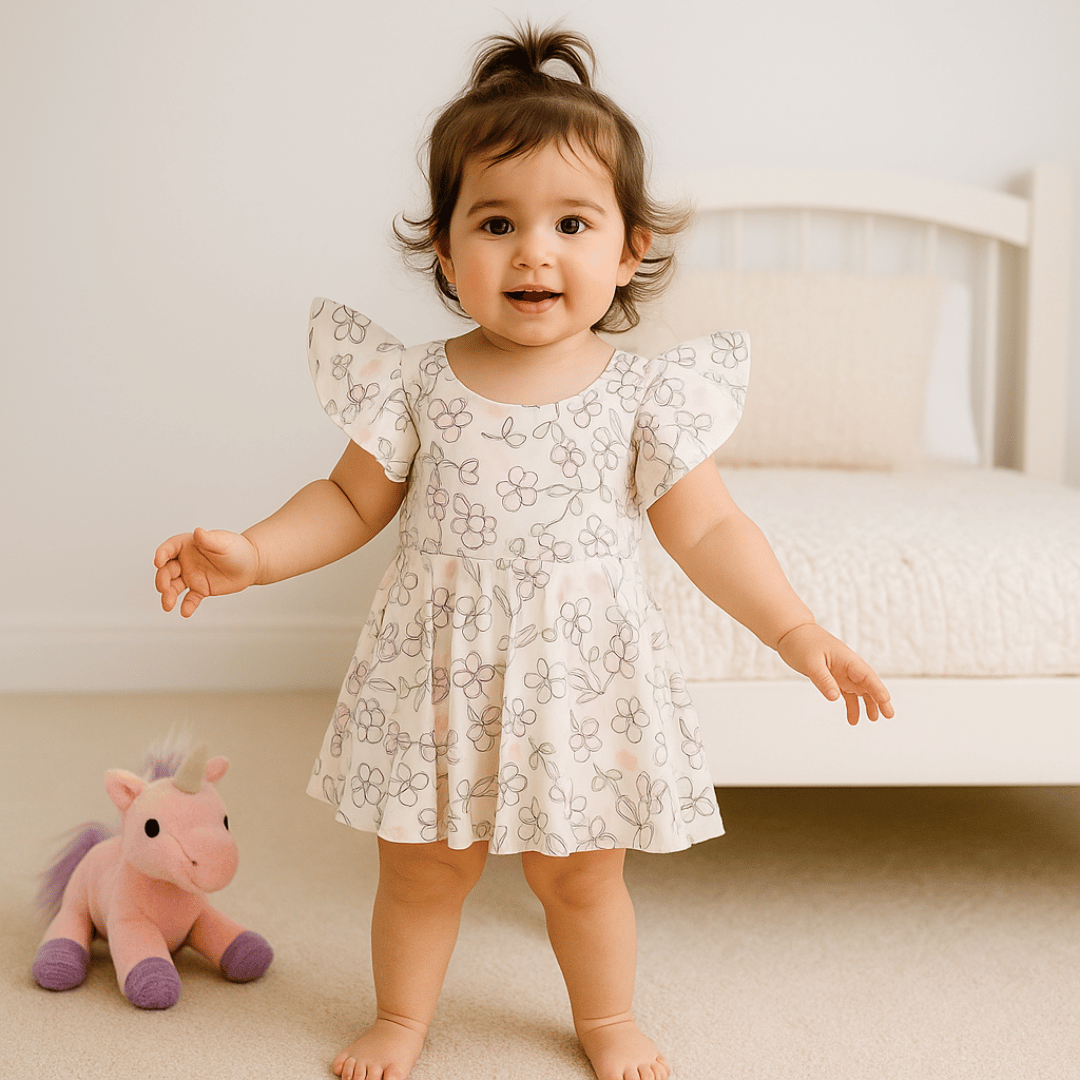 Todlerry Half-sleeve Girls Frock | Floral white & Pink Print | 100% Cotton