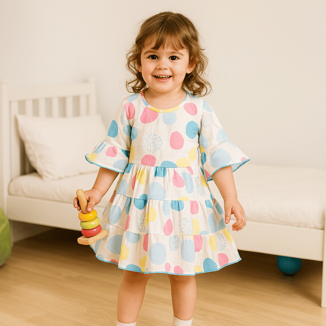 Todlery Full-sleeve Girls Frock | Polka print | 100% Cotton