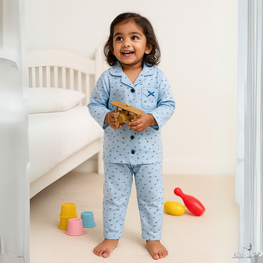 Todlerry Girls Night Suit | Blue Bow print | Soft & Breathable | 100% Cotton
