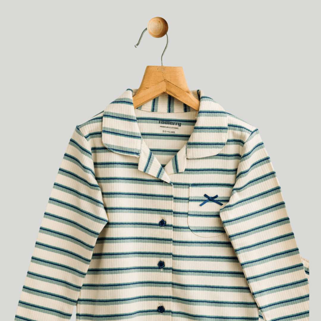 Todlerry Girls Night Suit | Green Strips print | Soft & Breathable | 100% Cotton