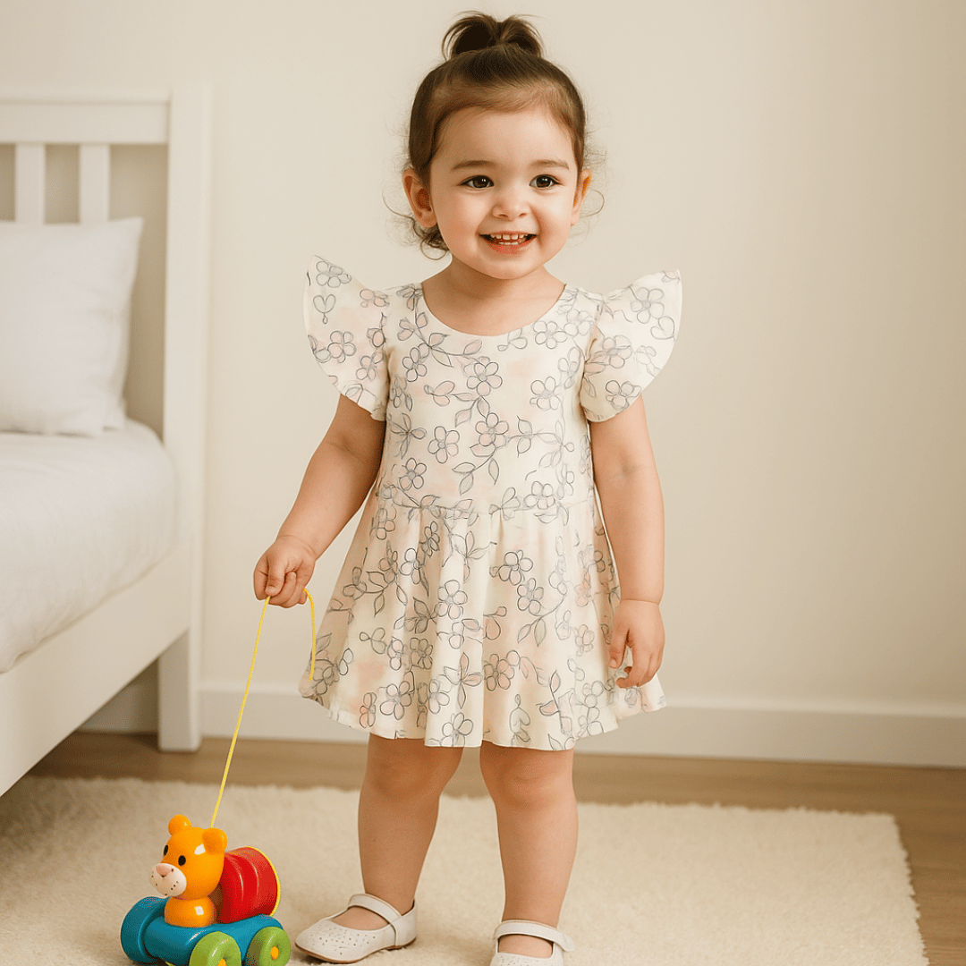 Todlerry Half-sleeve Girls Frock | Floral white & Pink Print | 100% Cotton