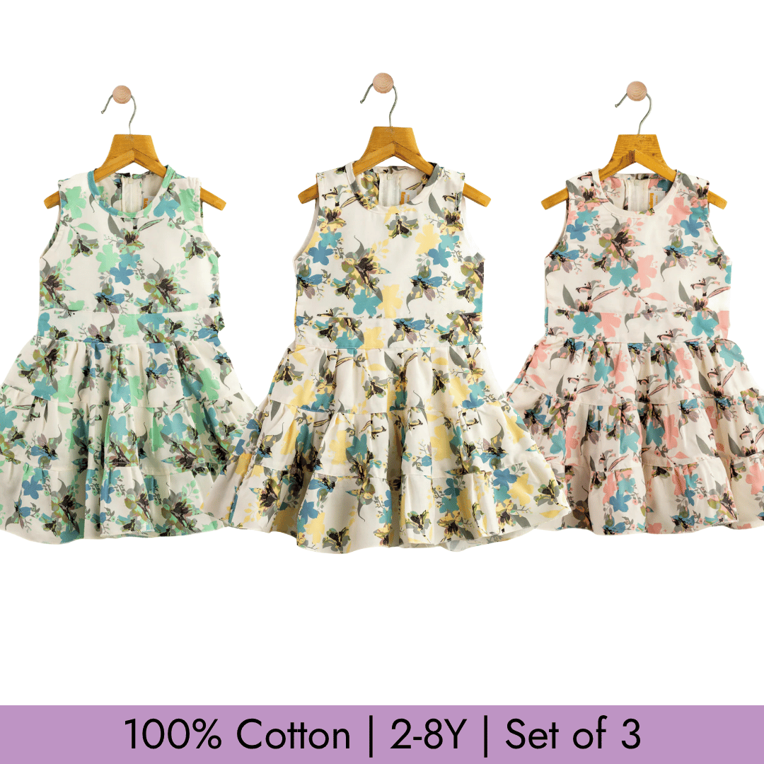 Todlerry Girls Frock | Pack of 3 |Soft & Breathable | 100% Cotton