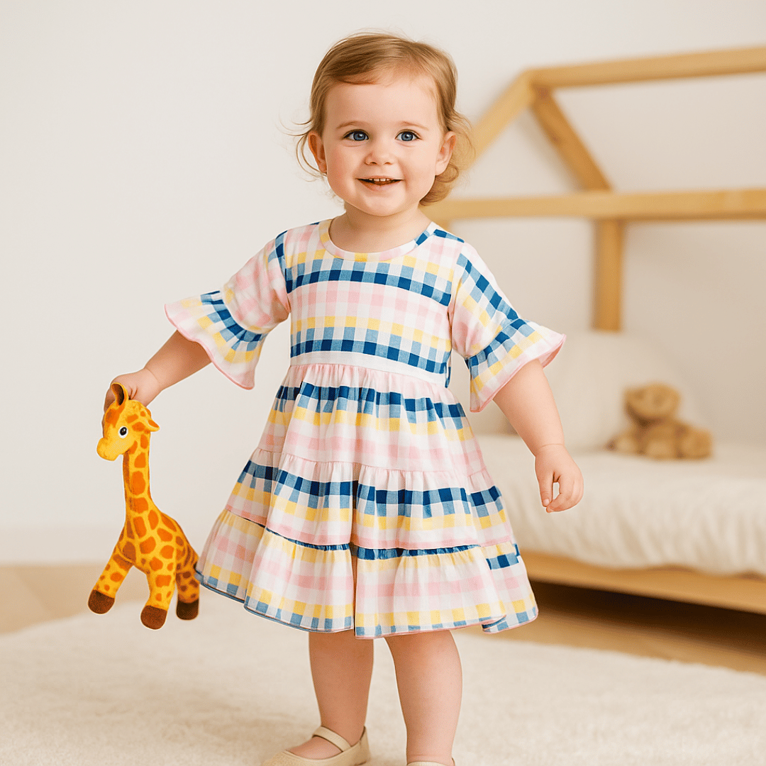 Todlerry Ruffle Full Sleeves Girls Frock | Printed Green & Peach | 100% Cotton