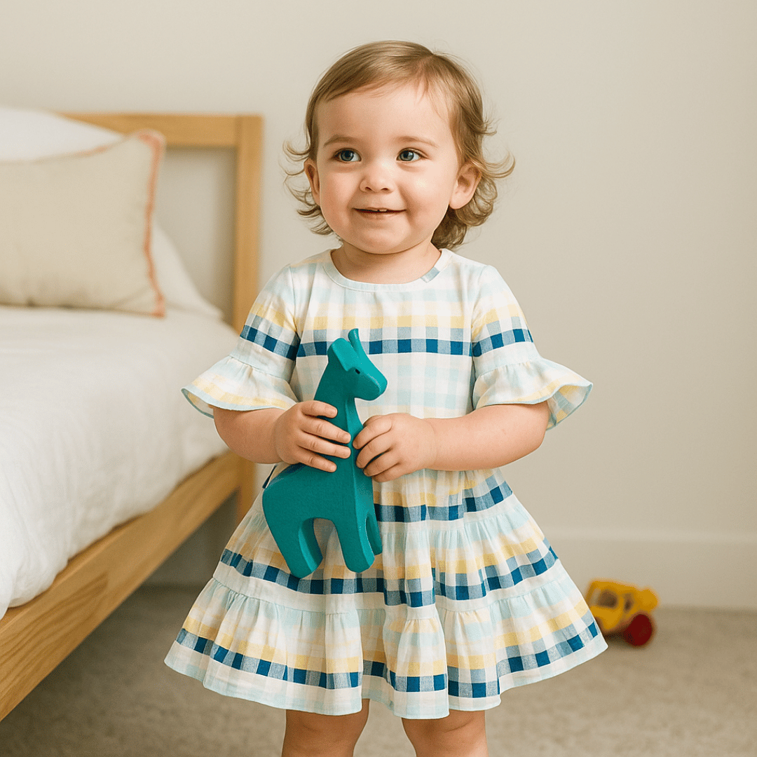Todlerry Ruffle Full Sleeves Girls Frock | Printed Green & Peach | 100% Cotton