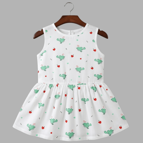 Green Bird Everyday Cotton Frocks for Little Girls