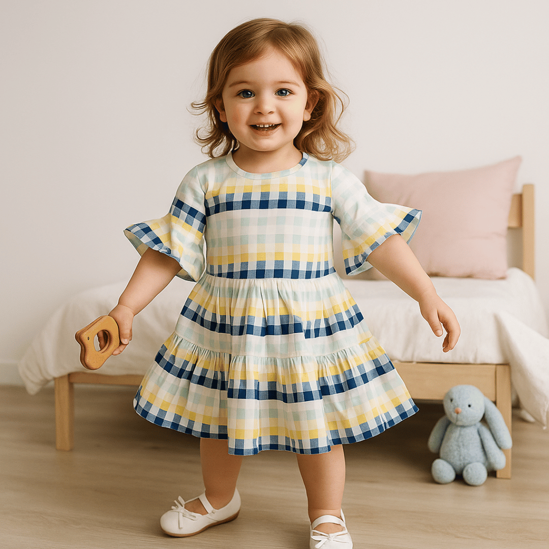 Todlerry Ruffle Full Sleeves Girls Frock | Printed Green & Peach | 100% Cotton
