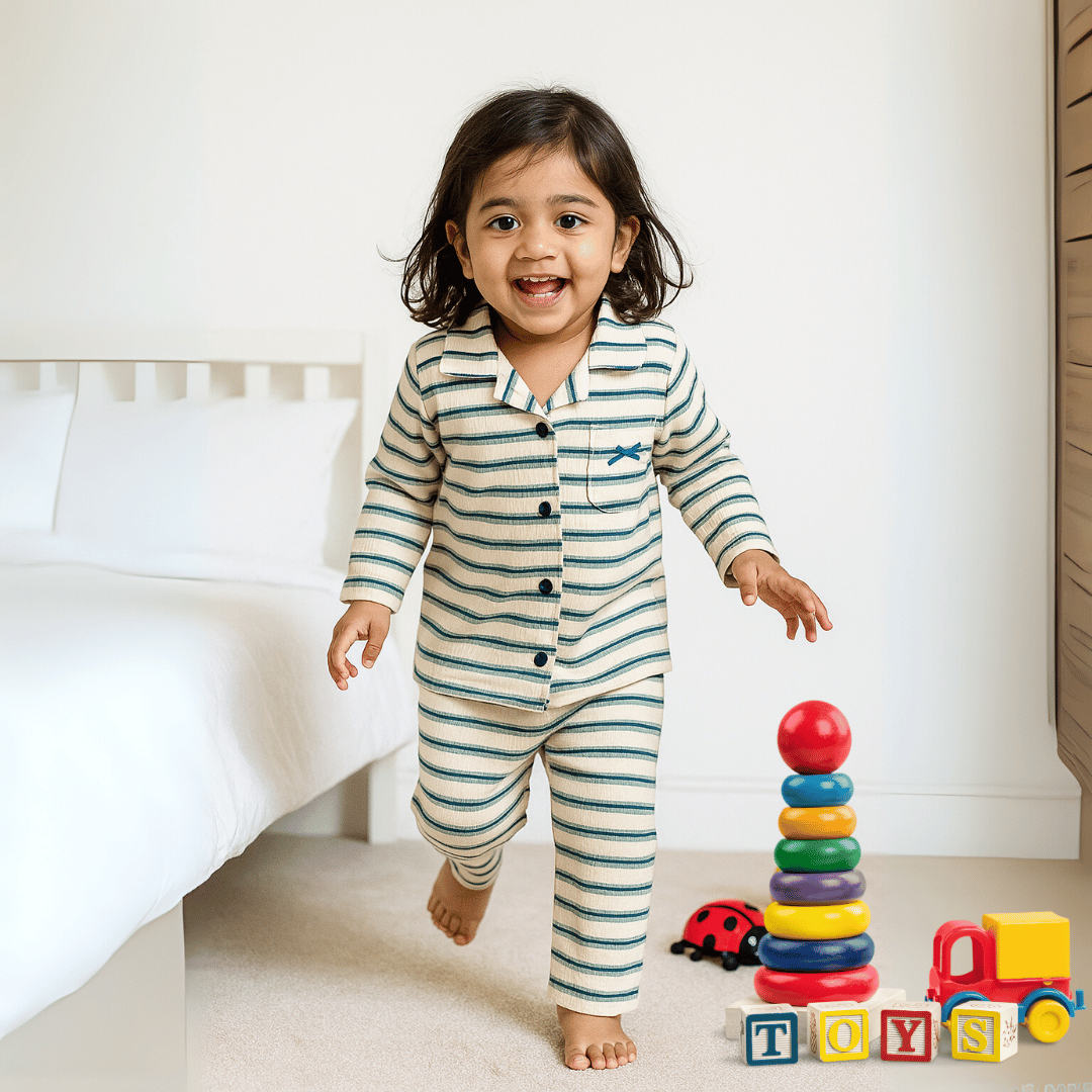Todlerry Girls Night Suit | Green Strips print | Soft & Breathable | 100% Cotton