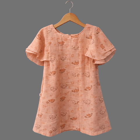 Peach Print Cute Butterfly Sleeve Cotton Frock for Girls