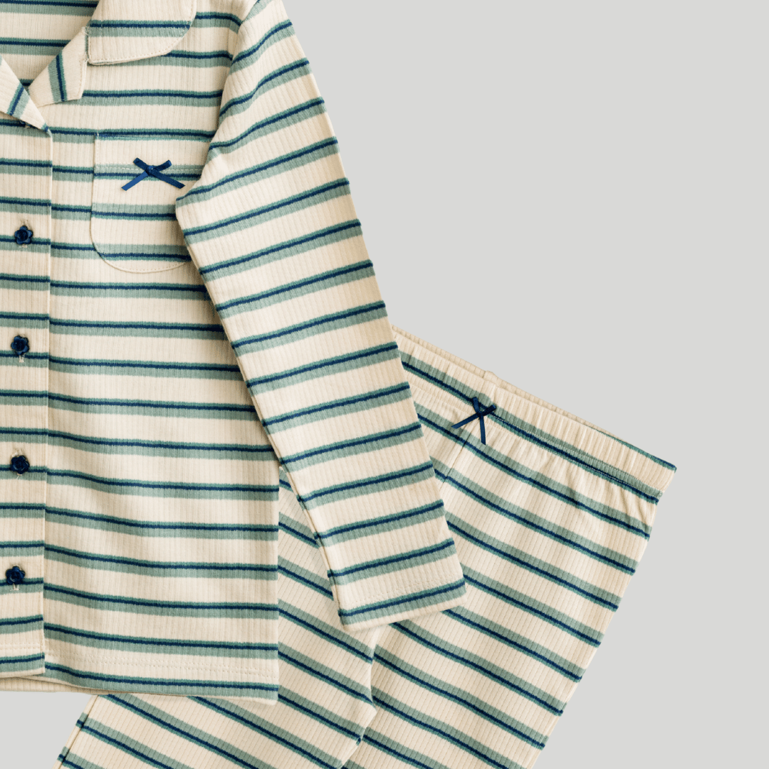 Todlerry Girls Night Suit | Green Strips print | Soft & Breathable | 100% Cotton
