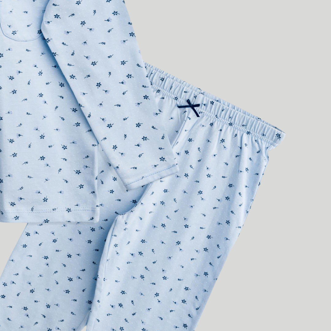 Todlerry Girls Night Suit | Blue Bow print | Soft & Breathable | 100% Cotton