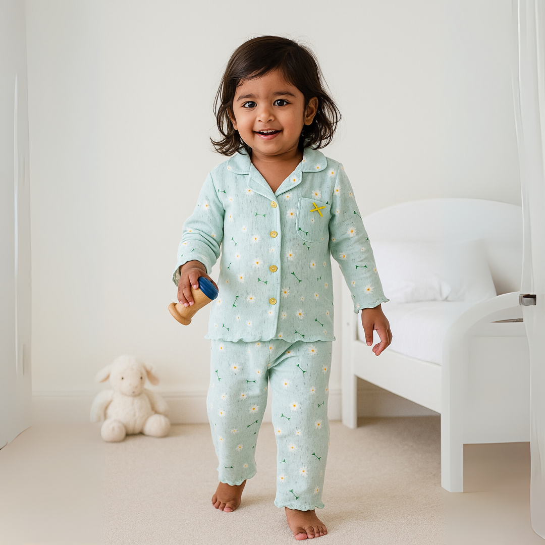 Todlerry Girls Night Suit | Aqua | Soft & Breathable | 100% Cotton