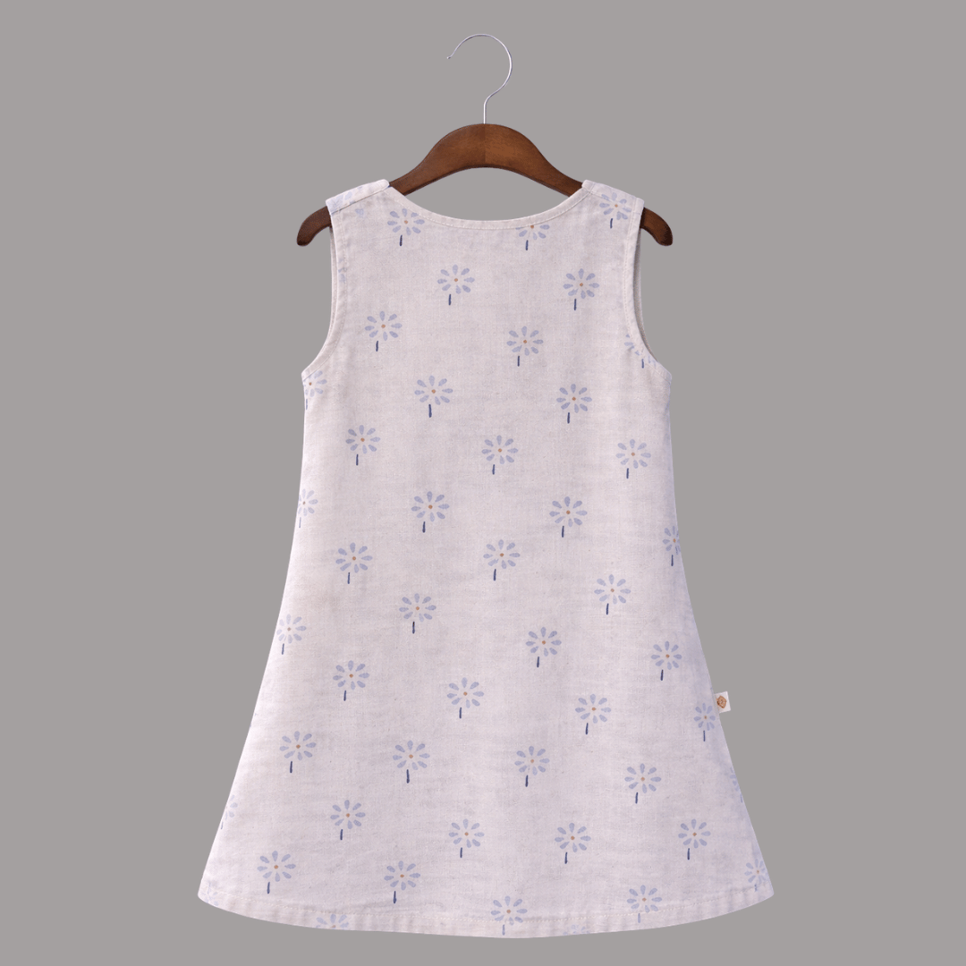 Daisy Print Soft Cotton Sleeveless Frock with Cute Shoulder Buttons