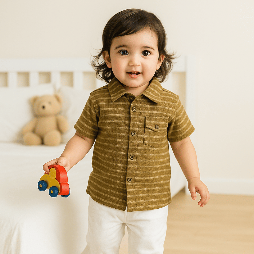 Boys Shirt Brown Strips Soft & Breathable 100% Cotton