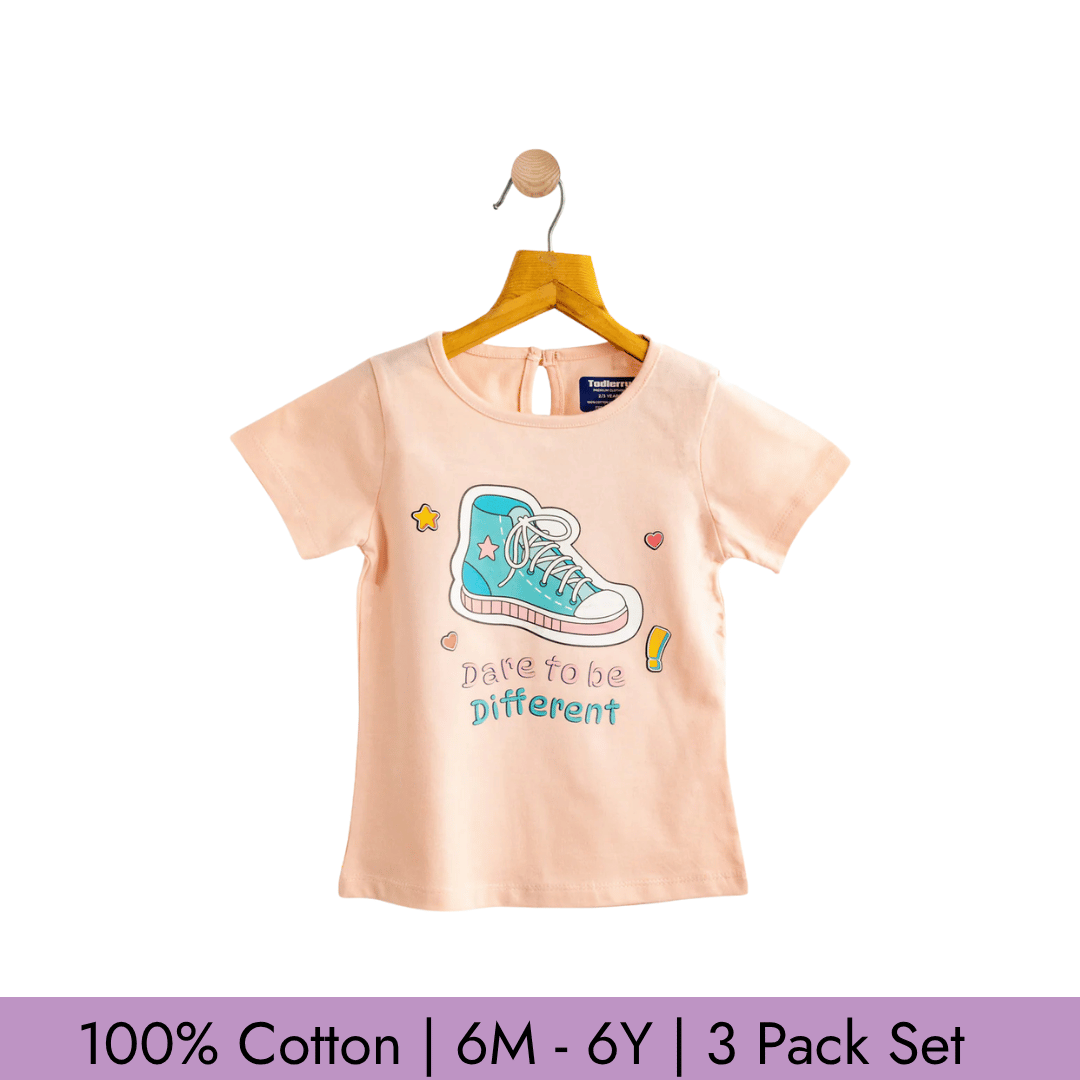 Todlerry Girls T-shirts | Pack of 3 |Soft & Breathable | 100% Cotton