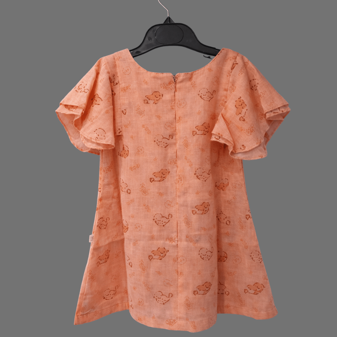 Peach Print Cute Butterfly Sleeve Cotton Frock for Girls