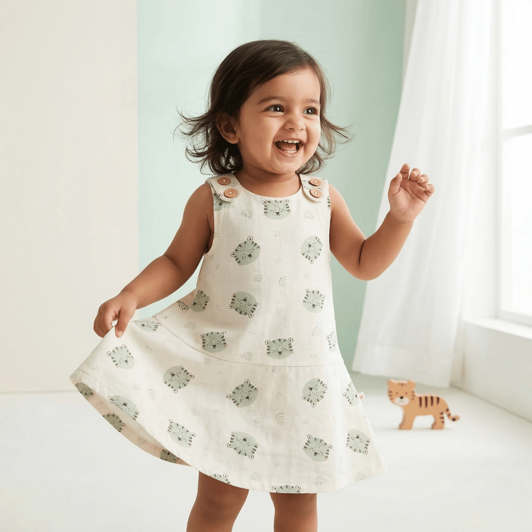 Tiger Print Soft Cotton Sleeveless Frock with Cute Shoulder Buttons