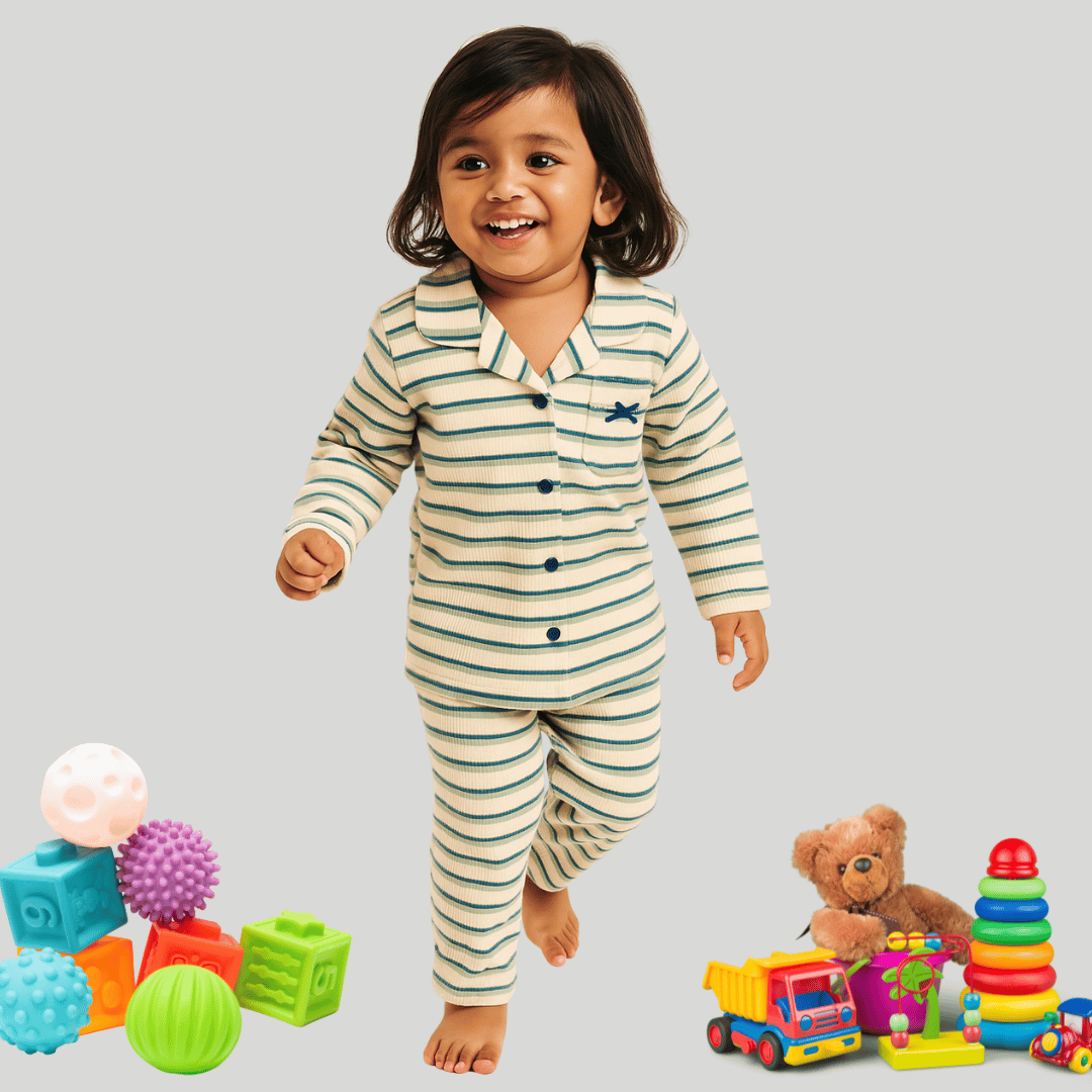 Todlerry Girls Night Suit | Green Strips print | Soft & Breathable | 100% Cotton