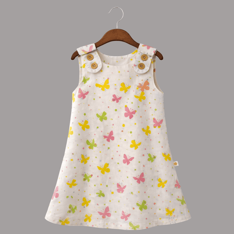 Butterfly Print Soft Cotton Sleeveless Frock with Cute Shoulder Buttons