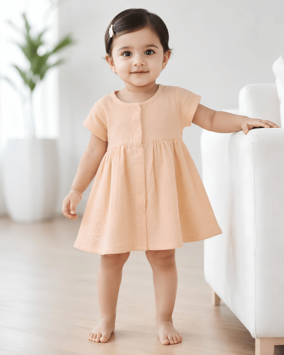 Premium Apricot Muslin Half Sleeve Frock – 100% Organic Cotton Baby Dress