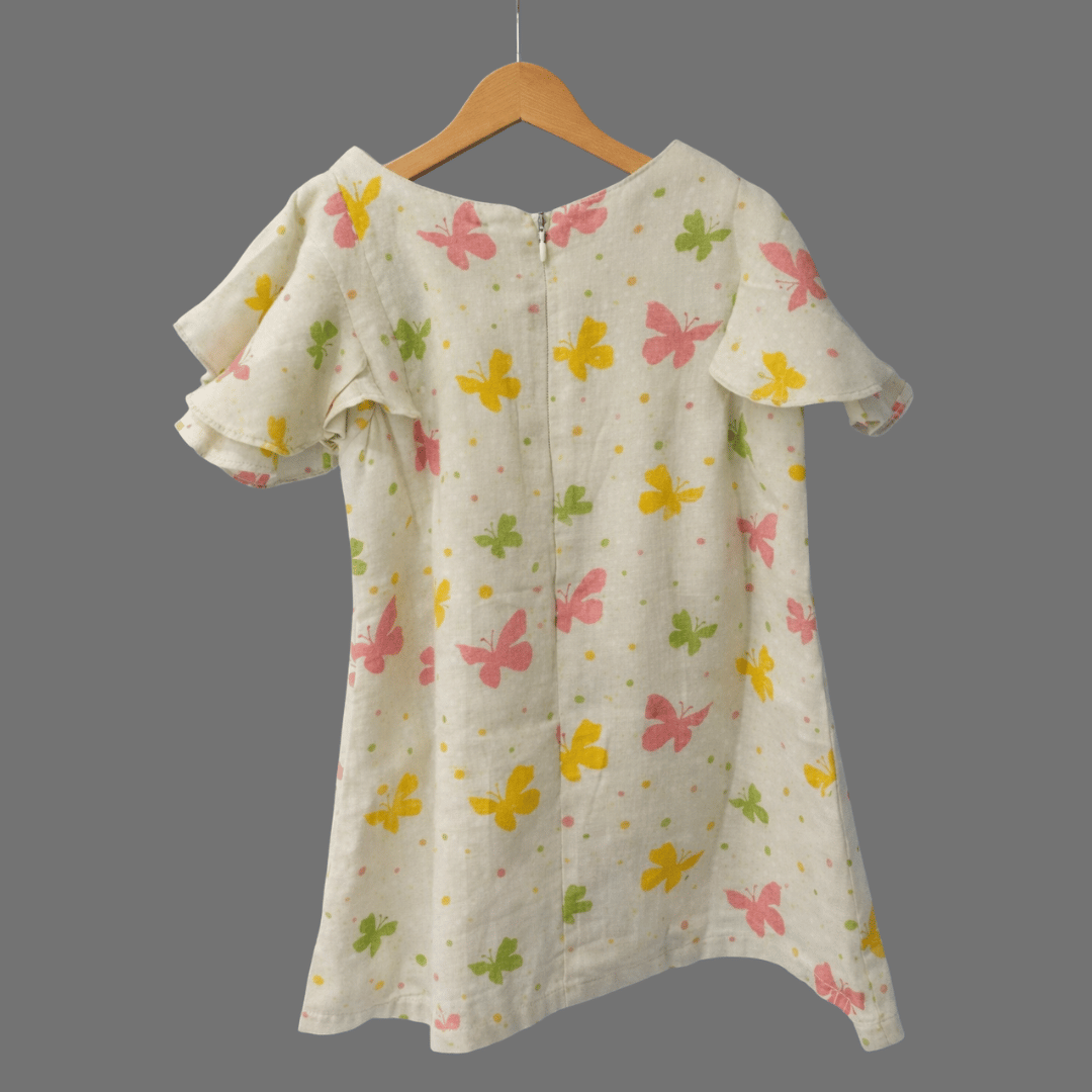 Butterfly Print Cute Butterfly Sleeve Cotton Frock for Girls