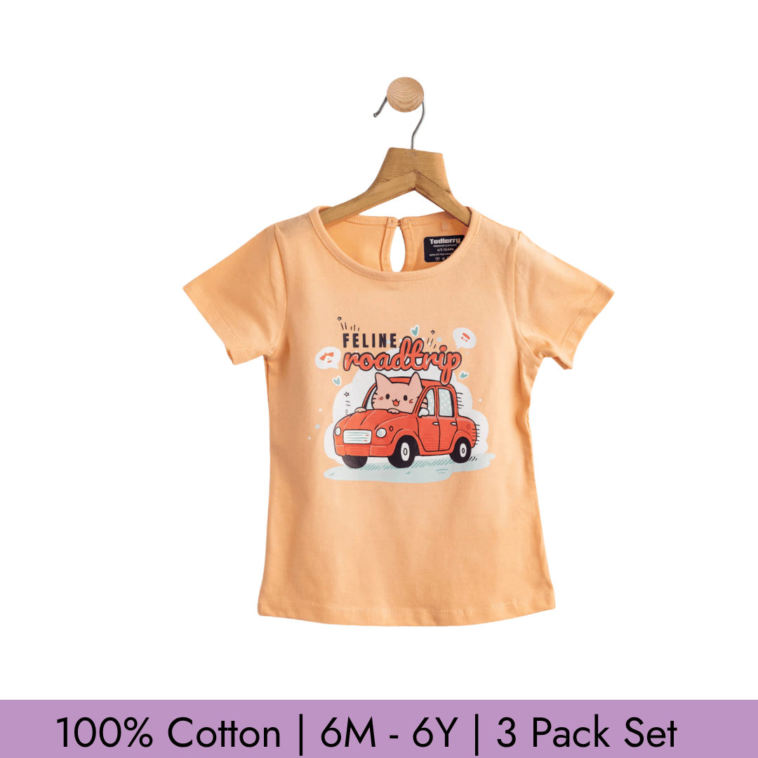 Todlerry Girls T-shirts | Pack of 3 |Soft & Breathable | 100% Cotton