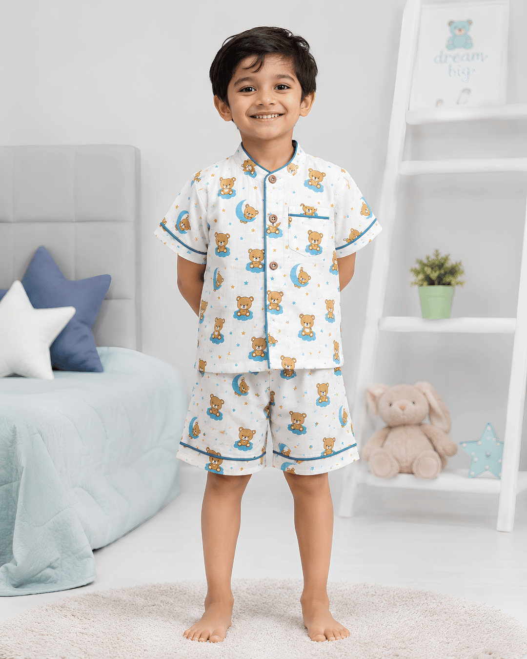 Todlerry Kids Cotton Night Suit | Teddy Bear Print Shirt & Shorts