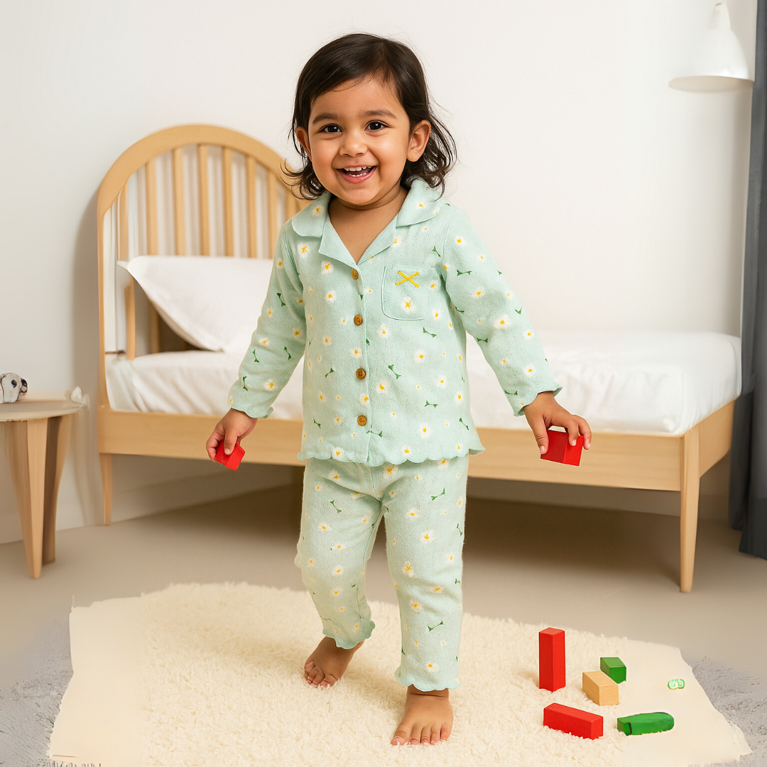 Todlerry Girls Night Suit | Aqua | Soft & Breathable | 100% Cotton