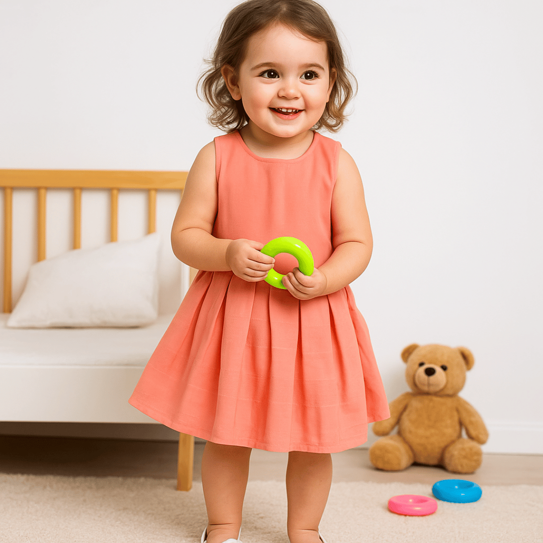 Todlerry Half-sleeve Girls Frock | Solid Pink, Peach, Green| 100% Cotton