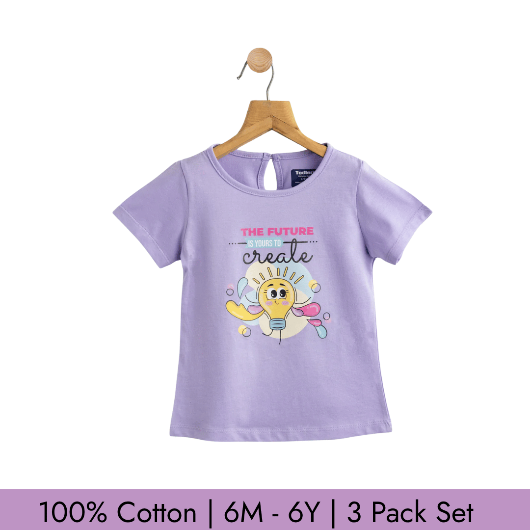 Todlerry Girls T-shirts | Pack of 3 |Soft & Breathable | 100% Cotton