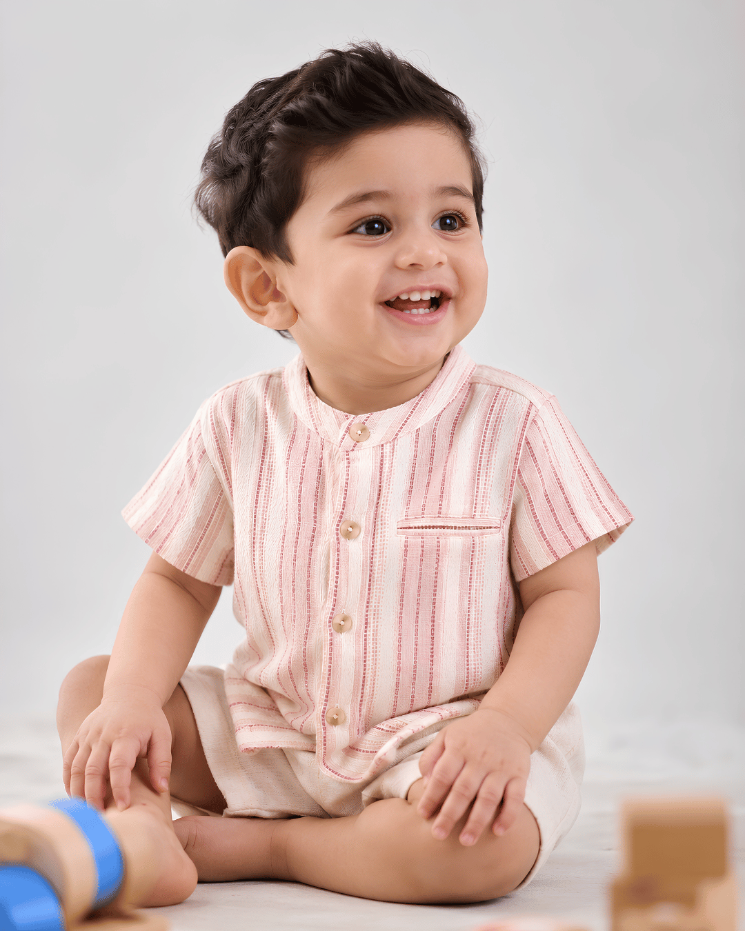 Boys Half Sleeve Striped Cotton Shirt, Soft Mandarin Collar Casual Shirt for Kids