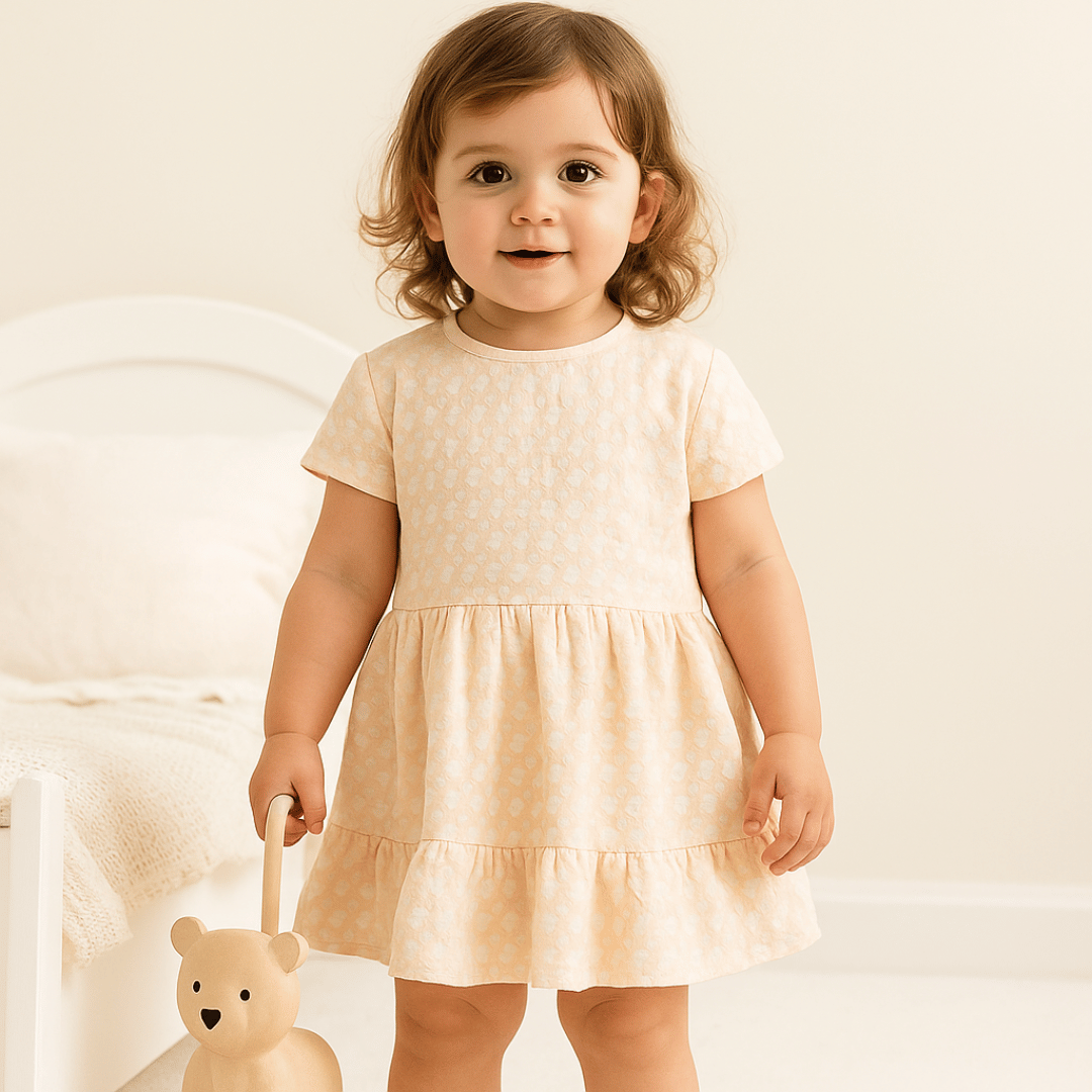Todlerry Half-sleeve Girls Frock | Solid White & Peach | 100% Cotton