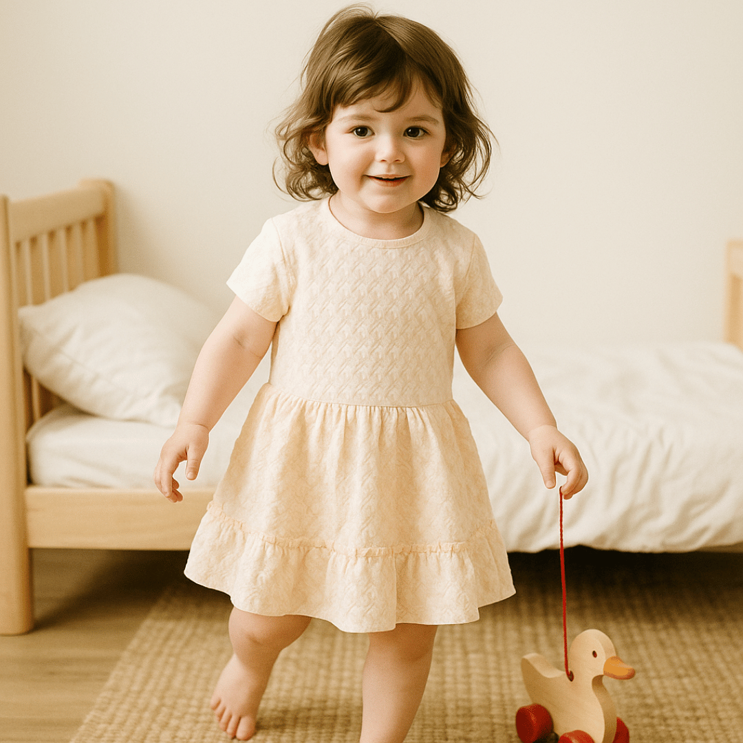 Todlerry Half-sleeve Girls Frock | Solid White & Peach | 100% Cotton